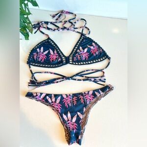 Acacia Bikini Swimwear Set Crochet Trim Floral Pink + Navy Tie String
